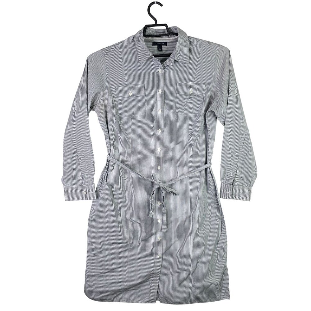 Womens Lands End Blue White Striped Shirt Dress Button Up Belted Long Sleeves 16